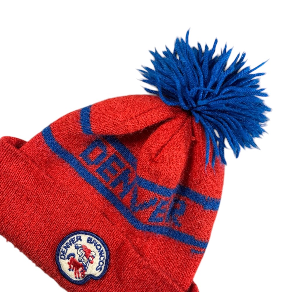 VTG Denver Broncos Beanie Hat OS Blue Knit Pom Pom Gorpcore NFL RARE 80s 90s Y2K